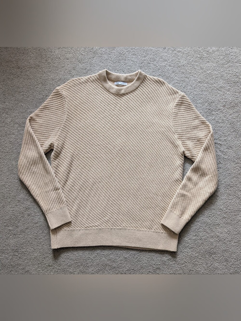 Zara Mens Beige Pullover Crewneck Knit Sweater Mens Size Medium